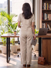Women's Two Piece Set, Cream, V-Neck Top with Wide Leg Trousers, Short Sleeve