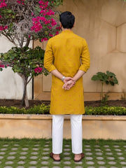 Men’s Yellow Pure Cotton Printed Straight Kurta | Full Sleeve Ethnic Wear