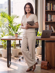 Women's Two Piece Set, Cream, V-Neck Top with Wide Leg Trousers, Short Sleeve