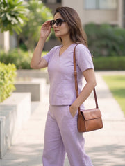 Women's Two Piece Set, Purple, V-Neck Top with Wide Leg Trousers, Short Sleeve