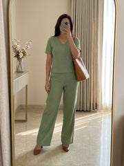 Women's Two Piece Set, Light Green, V-Neck Top with Wide Leg Trousers, Short Sleeve