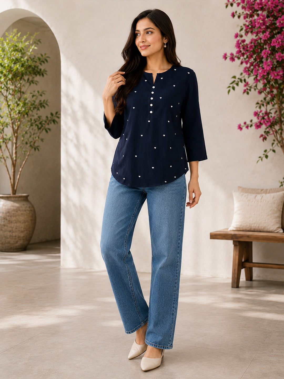 Women’s Viscose Navy Blue Heart Print Top | Full Sleeve Round Neck Casual Tunic | Comfortable Regular Fit