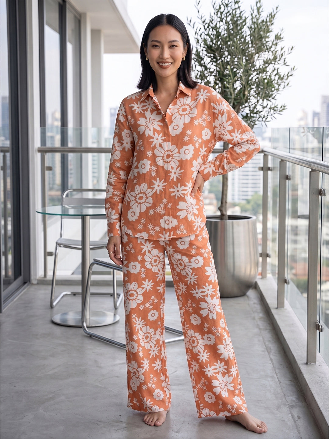 Women's Two Piece Set, Baby Orange, Shirts with Wide Leg Trousers, Full Sleeve