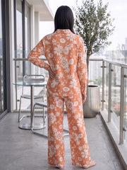 Women's Two Piece Set, Baby Orange, Shirts with Wide Leg Trousers, Full Sleeve