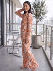 Women's Two Piece Set, Baby Orange, Shirts with Wide Leg Trousers, Full Sleeve