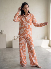 Women's Two Piece Set, Baby Orange, Shirts with Wide Leg Trousers, Full Sleeve