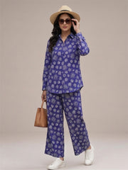 Women's Two Piece Set, Royal Blue, Shirts with Wide Leg Trousers, Full Sleeve
