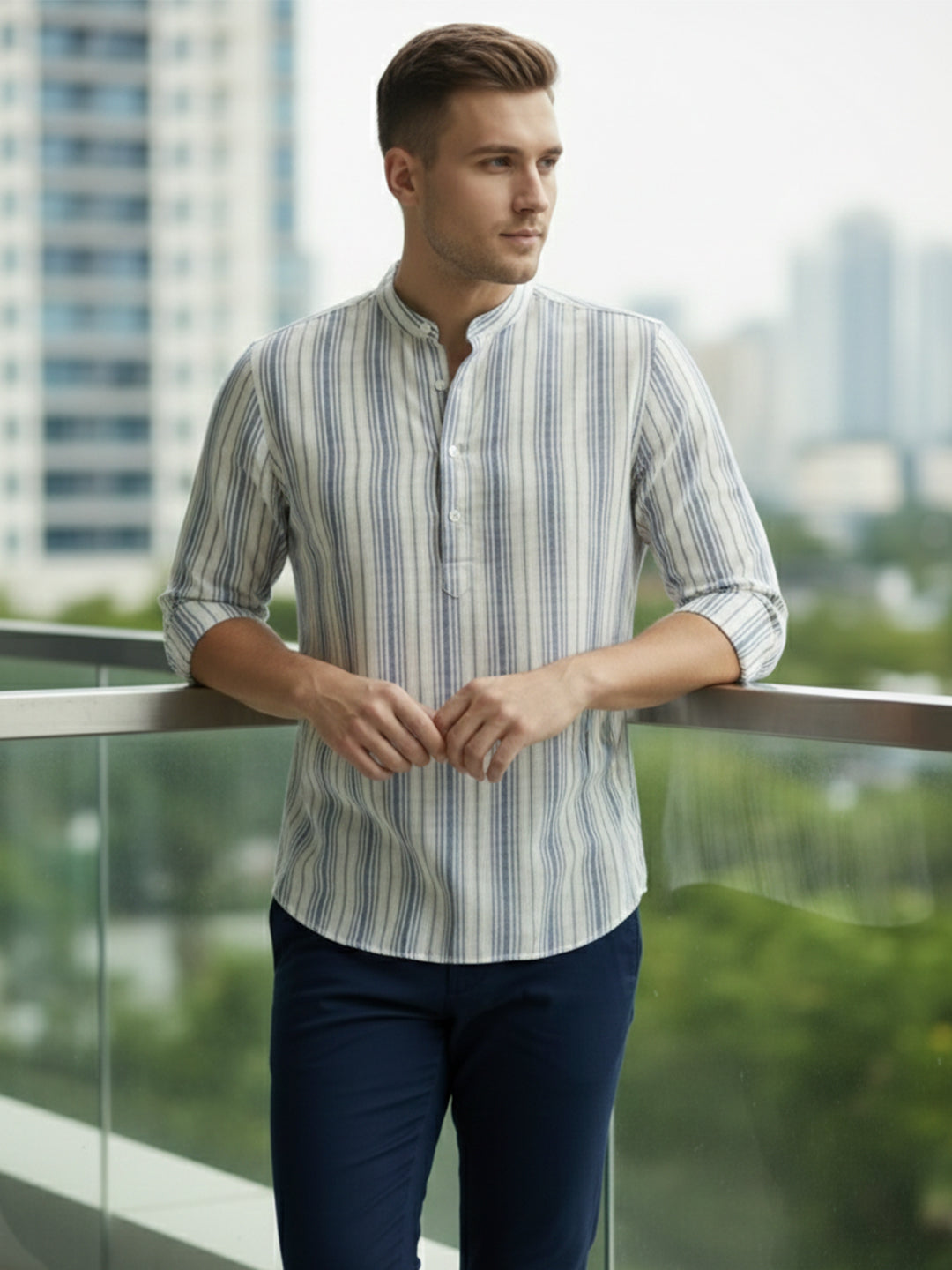 Mens Strip Full Sleeve Navy Blue Short Kurta