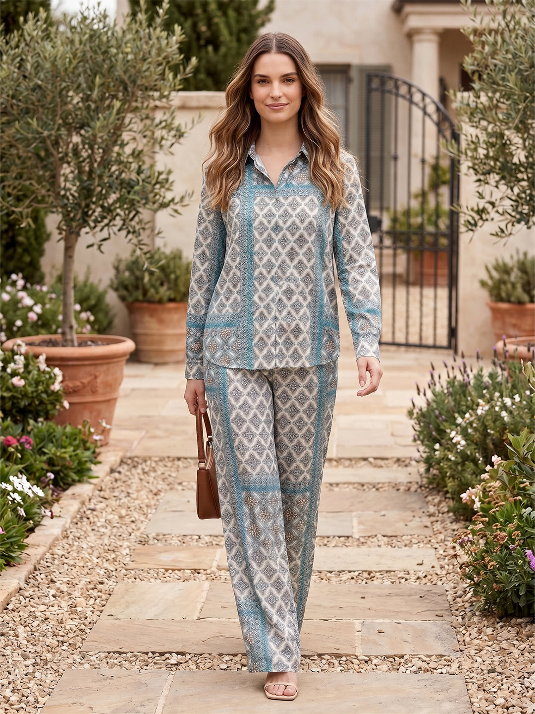 Women's Two Piece Set, Baby Sky Blue, Shirts with Wide Leg Trousers, Full Sleeve