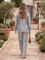 Women's Two Piece Set, Baby Sky Blue, Shirts with Wide Leg Trousers, Full Sleeve