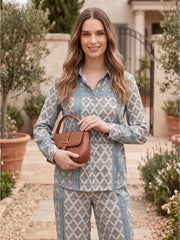 Women's Two Piece Set, Baby Sky Blue, Shirts with Wide Leg Trousers, Full Sleeve