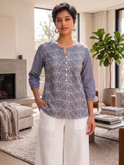 Women’s Blue Pure Cotton Embroidered Casual Kurti Top