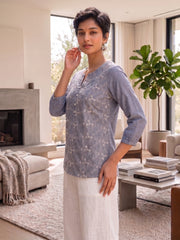 Women’s Blue Pure Cotton Embroidered Casual Kurti Top