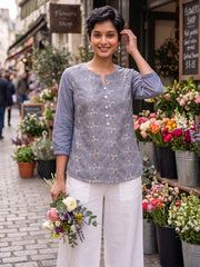 Women’s Blue Pure Cotton Embroidered Casual Kurti Top