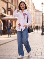 Women's Floral Embroidered Cotton Button-Down Shirt – White