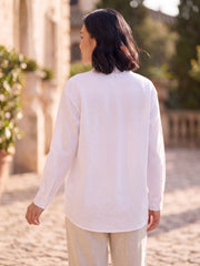 Women's Floral Embroidered Cotton Button-Down Shirt – White