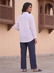 Women's Floral Embroidered Cotton Button-Down Shirt – White