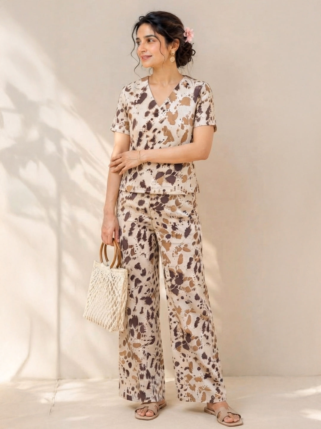 Women's Abstract Printed Linen & Cotton Night Suit Co-ord Set | Half Sleeve Top & Full-Length Pyjama | Soft & Breathable Sleepwear