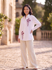Women's Floral Embroidered Cotton Button-Down Shirt – White