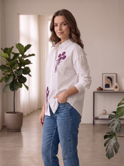 Women's Floral Embroidered Cotton Casual Shirt – White