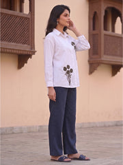 Women's Floral Embroidered Cotton Button-Down Shirt – White