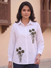 Women's Floral Embroidered Cotton Button-Down Shirt – White