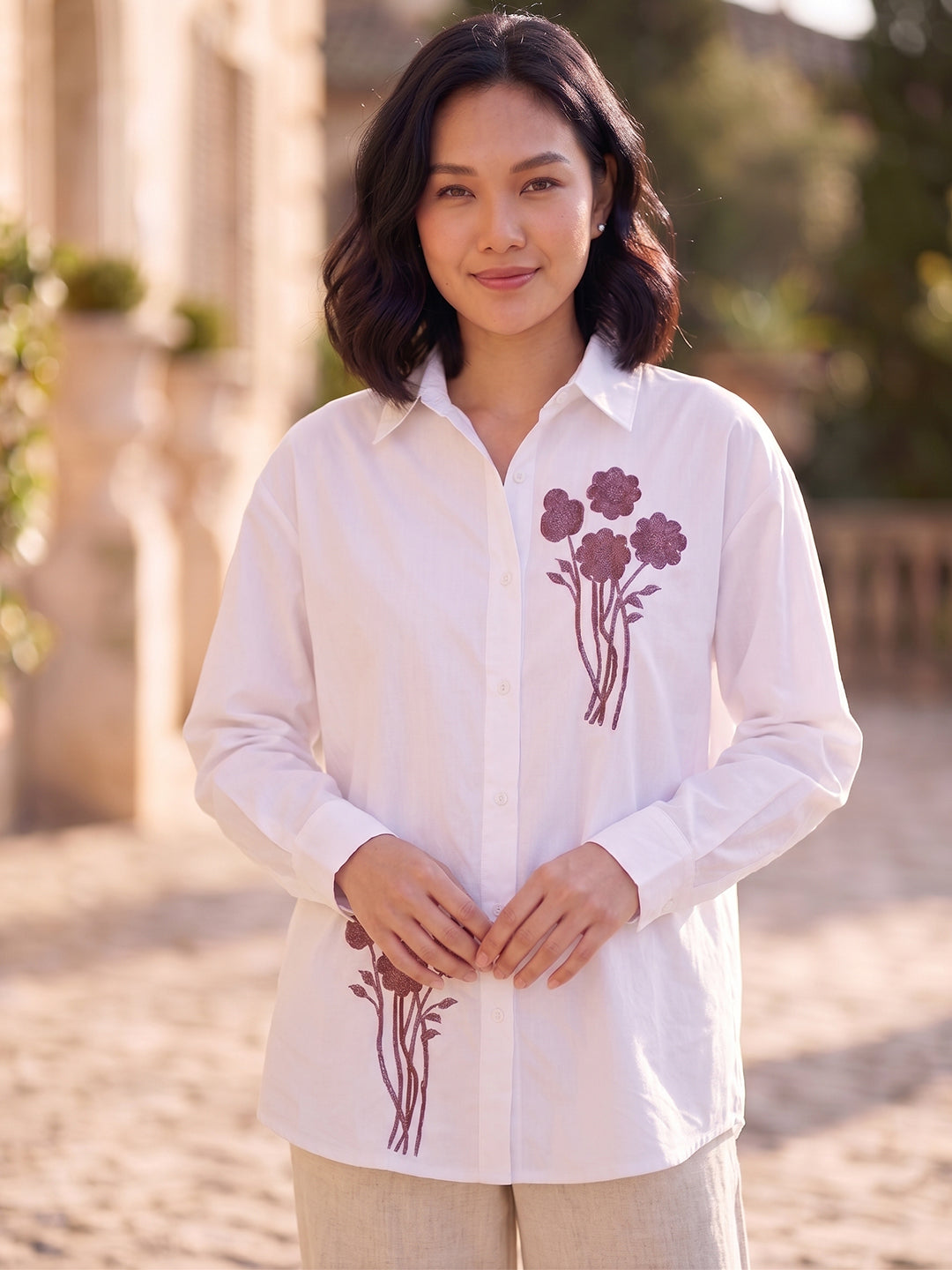Women's Floral Embroidered Cotton Button-Down Shirt – White