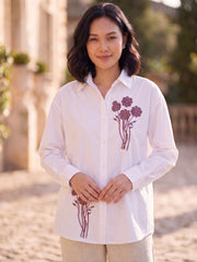 Women's Floral Embroidered Cotton Button-Down Shirt – White