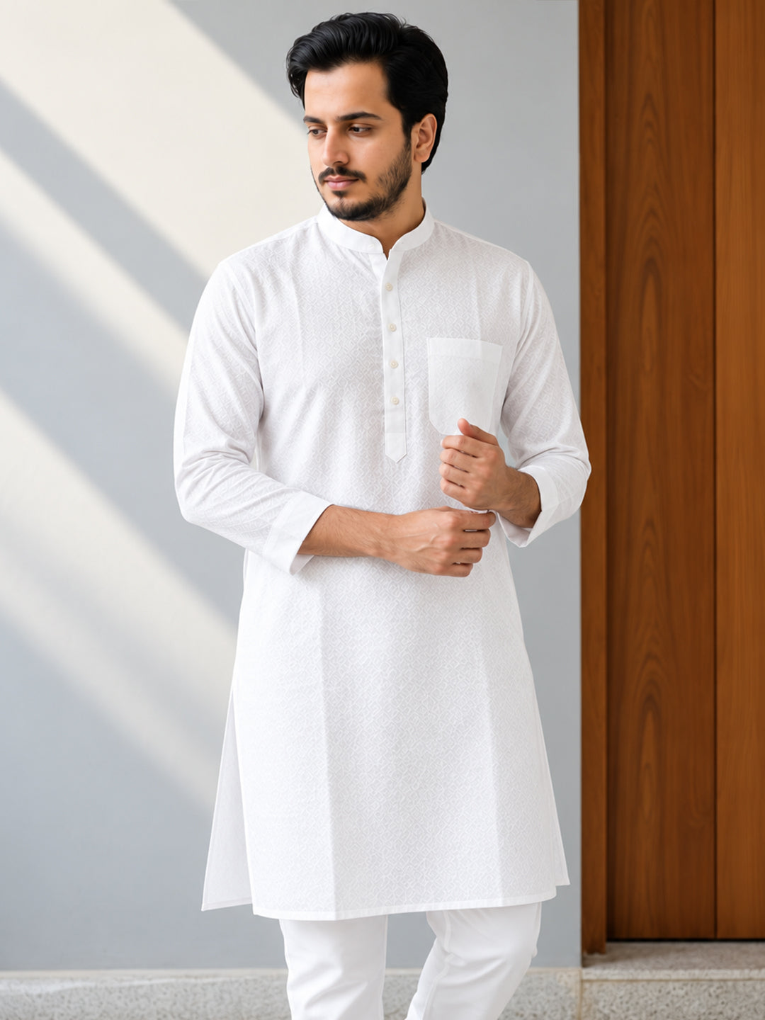 Men’s White Jacquard Kurta with Mandarin Collar and Front Pocket