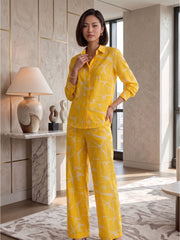 Women's Two Piece Set, Yellow, Shirts with Wide Leg Trousers, Full Sleeve