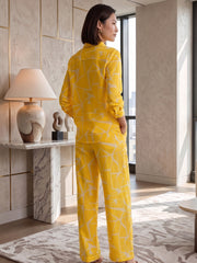 Women's Two Piece Set, Yellow, Shirts with Wide Leg Trousers, Full Sleeve