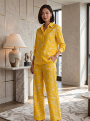 Women's Two Piece Set, Yellow, Shirts with Wide Leg Trousers, Full Sleeve
