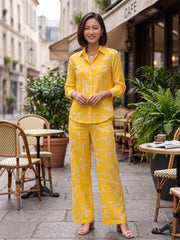 Women's Two Piece Set, Yellow, Shirts with Wide Leg Trousers, Full Sleeve