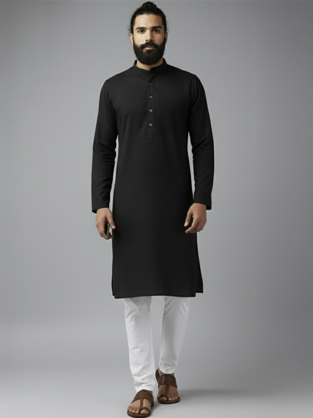 Men Solid Pure Cotton Mandarin Collar Long Kurta (VS05)