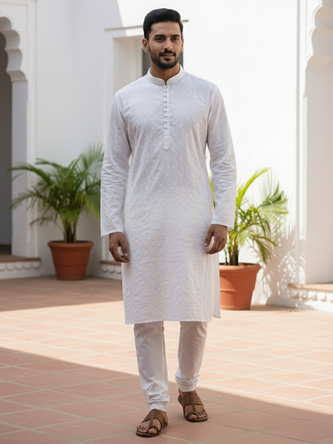 Men White Solid Chikankari Embroidered Mandarin Collar Cotton Kurta (VS04)