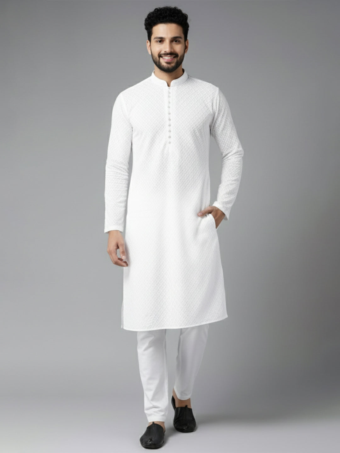 Men White Pure Cotton Chikankari Embroidered Straight Kurta (VS01)